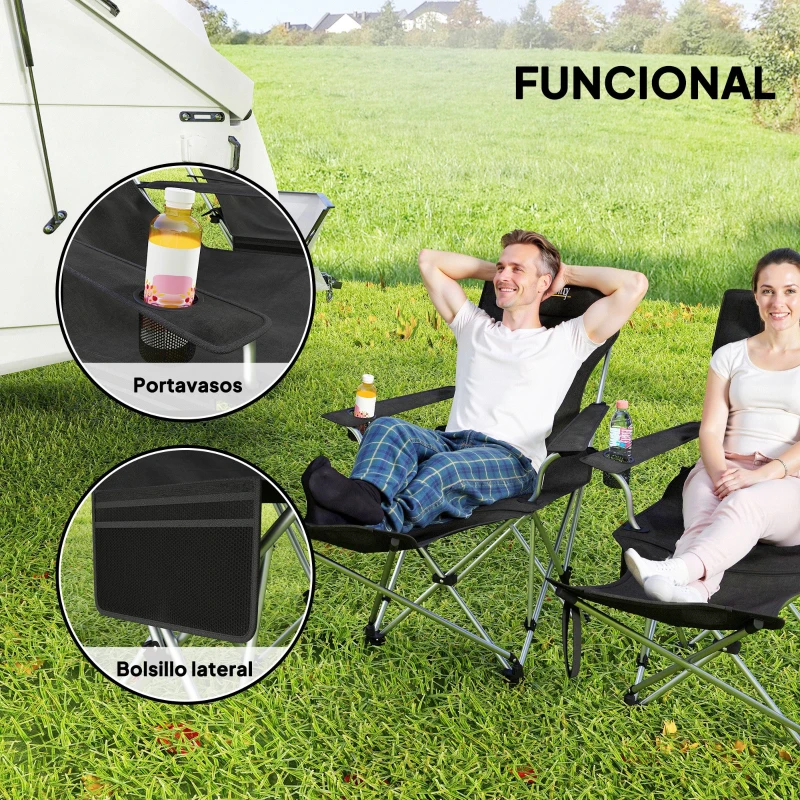 Outsunny Conjunto de 2 Sillas Plegables Camping con Reposapiés Desmontable Reposacabezas Portavasos y Bolsa 82x50/100x88 cm Negro