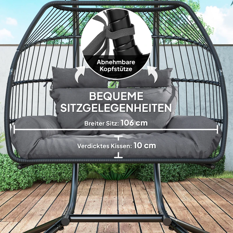 Outsunny Hängestuhl, Faltbarer Korbstuhl mit Kissen, Stahlrahmen, für drinnen und draußen, bis zu 260 kg belastbar, Dunkelgrau
