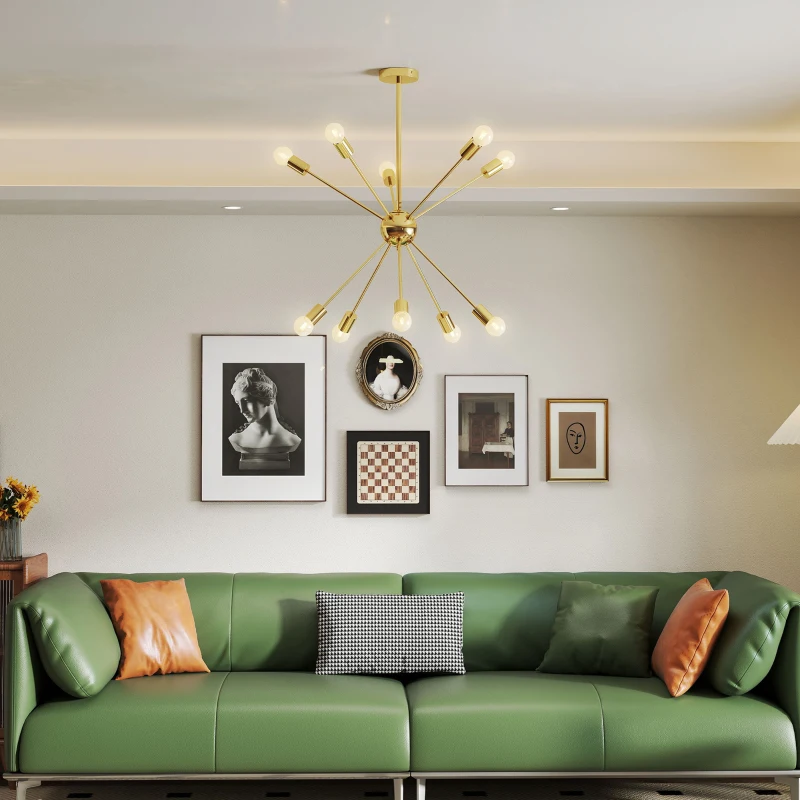 HOMCOM Modern Sputnik Ceiling Lights, 10-Light Chandelier for Bedroom Living Room with E27 Base, Gold Tone