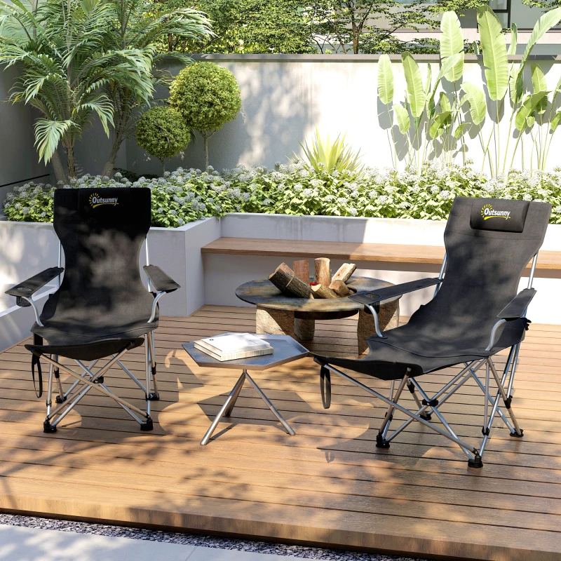 Outsunny Conjunto de 2 Sillas Plegables Camping con Reposapiés Desmontable Reposacabezas Portavasos y Bolsa 82x50/100x88 cm Negro