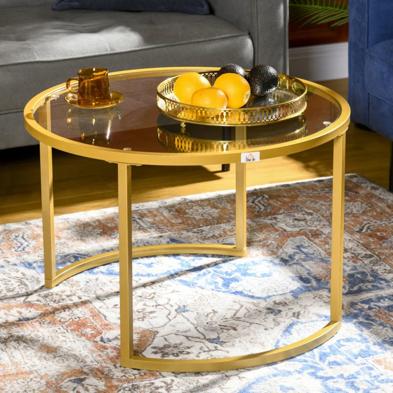 HOMCOM Coffee Table Set of 2, Modern Nest of Tables with Tempered Glass Top, Steel Frame for Living Room, Gold Tone