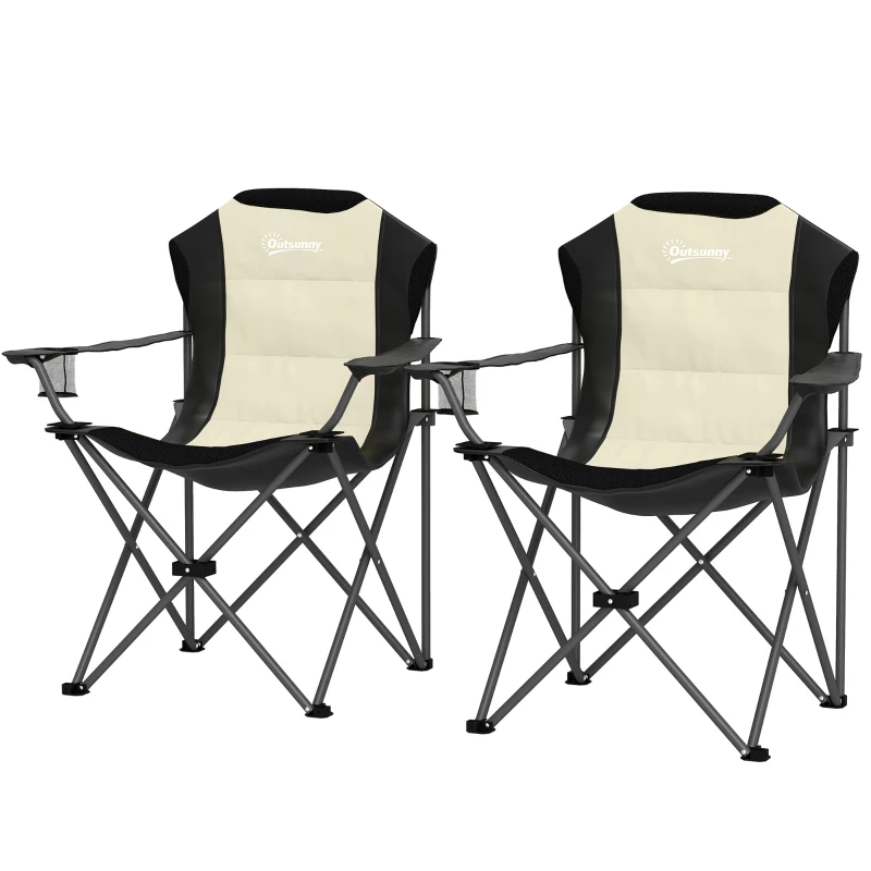 Outsunny Conjunto de 2 Sillas Plegables Camping Acolchado con Respaldo Alto Portavasos y Bolsas de Transporte Crema y Negro