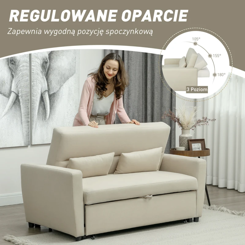HOMCOM Sofa 2-osobowa z Funkcją Spania, Regulowane Oparcie, Tapicerka Aksamitna, do Salonu, Sypialni, Beżowy(m-6)