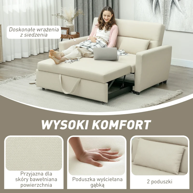 HOMCOM Sofa 2-osobowa z Funkcją Spania, Regulowane Oparcie, Tapicerka Aksamitna, do Salonu, Sypialni, Beżowy(m-5)