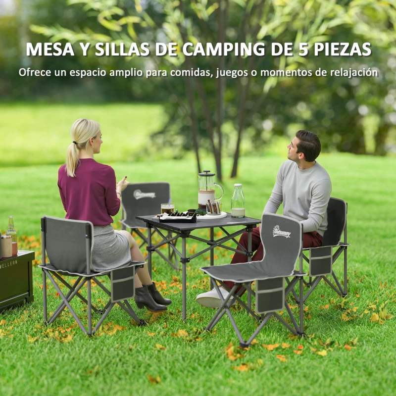 Outsunny Conjunto de Mesa y 4 Sillas de Camping Plegables con Bolsillos Laterales y Bolsa de Transporte Estructura Metálica Gris