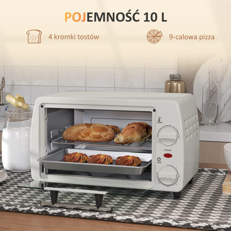 HOMCOM Minipiekarnik Toaster, 1 Blacha, 1 Ruszt, Pojemność 10 L, Funkcja Timera, 36,5 cm x 26 cm x 22 cm, Kremowy