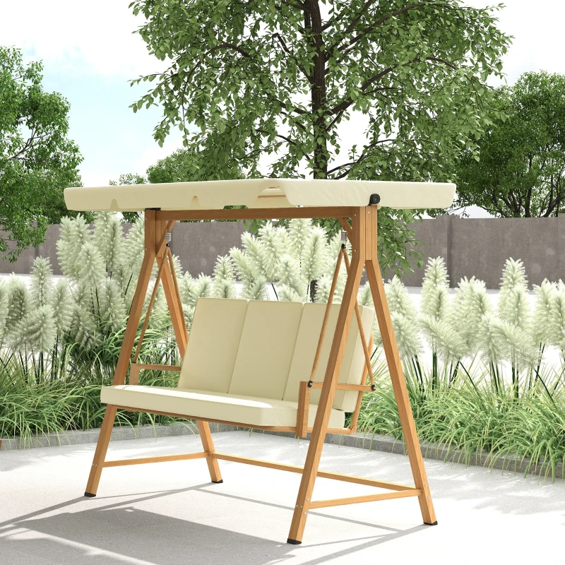 Outsunny Dondolo da Giardino 3 Posti con Tettuccio Regolabile e Cuscini, 195x120x170 cm, Beige