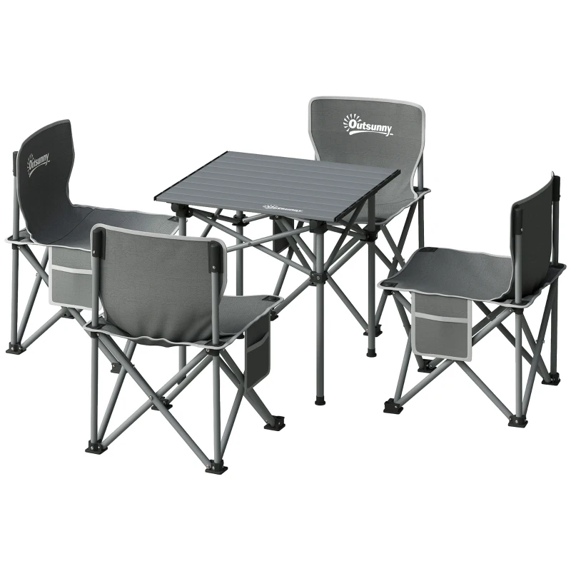 Outsunny Conjunto de Mesa y 4 Sillas de Camping Plegables con Bolsillos Laterales y Bolsa de Transporte Estructura Metálica Gris