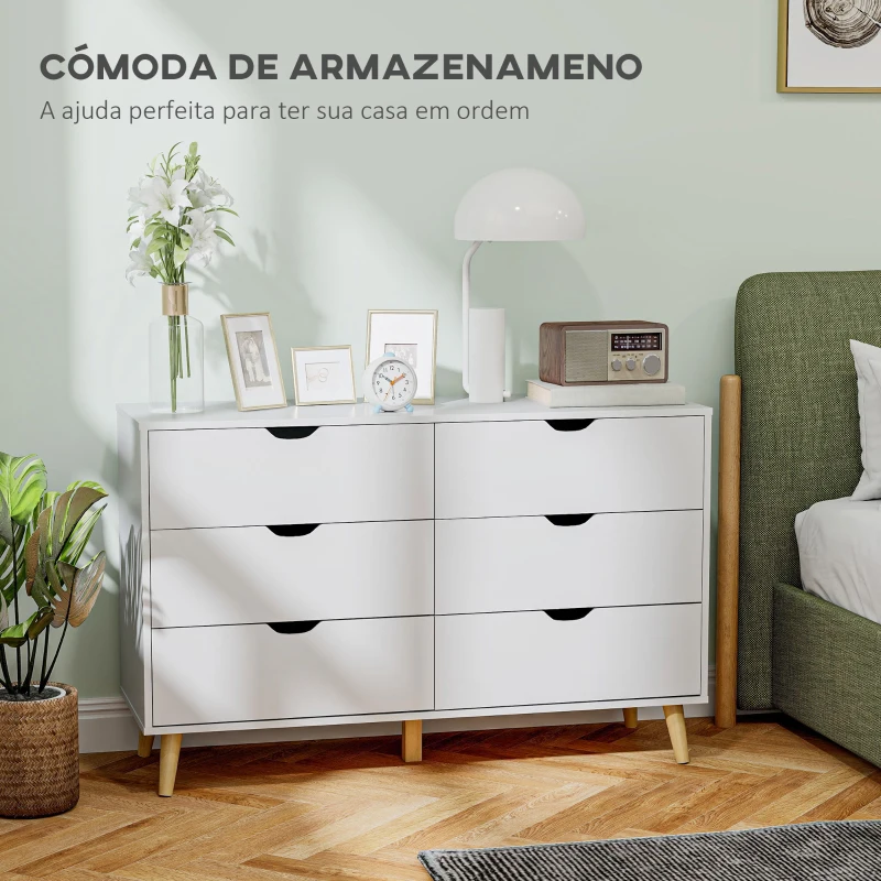 HOMCOM Cómoda com 6 Gavetas e Pés Elevados Cómoda para Dormitório Estilo Moderno Anti-Tombo 120x40x76 cm Branco