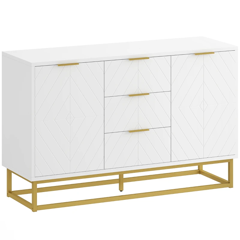 HOMCOM Buffet, meuble cuisine rangement, design contemporain graphique, 2 placards porte, étagères réglables, 3 tiroirs coulissants, bois blanc métal doré, 120 x 40 x 76 cm