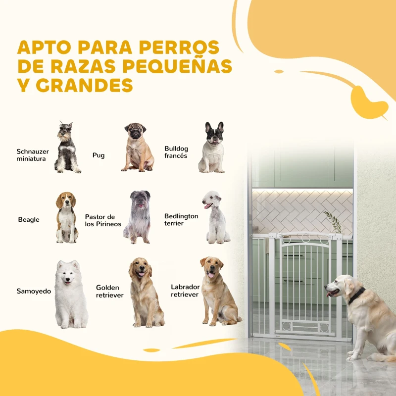 PawHut Puerta para Perros con Ancho Ajustable 76-104 cm Barrera de Seguridad para Perros con 2 Extensiones Blanco