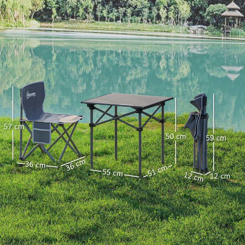 Outsunny Conjunto de Mesa y 4 Sillas de Camping Plegables con Bolsillos Laterales y Bolsa de Transporte Estructura Metálica Gris