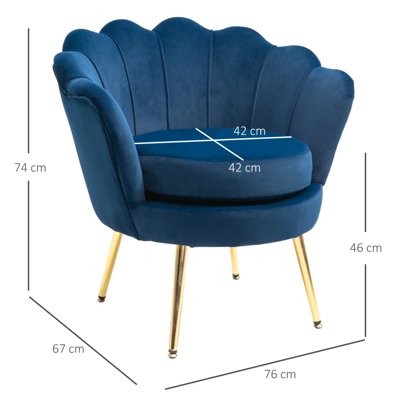 HOMCOM Fauteuil salon fauteuil en velours fauteuil coquillage avec pieds en métal doré pour chambre à coucher, bleu