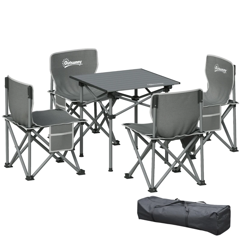 Outsunny Conjunto de Mesa y 4 Sillas de Camping Plegables con Bolsillos Laterales y Bolsa de Transporte Estructura Metálica Gris