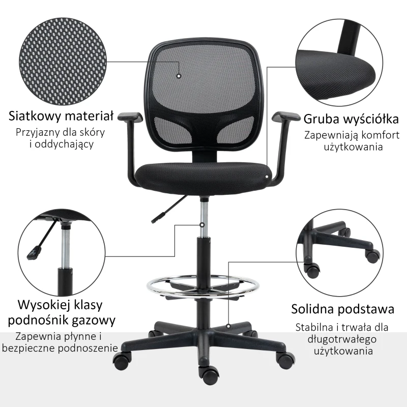 Vinsetto rysunek krzesło z podnóżkiem 5 kół regulowana wysokość siatki stalowej tkaniny czarny