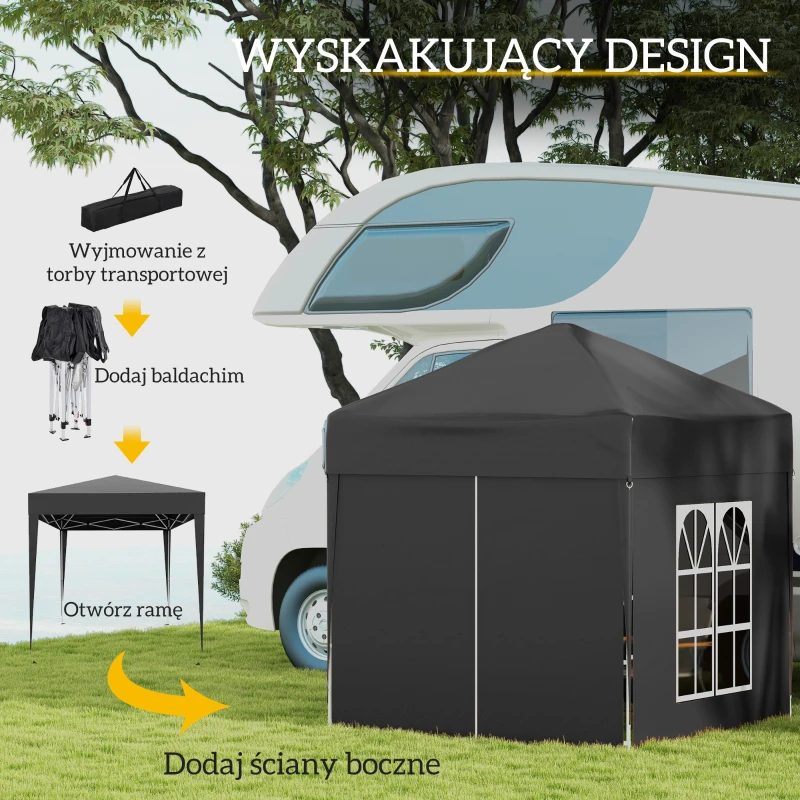 Outsunny Pawilon składany, pawilon piwny, 4 odłączne ściany, 2 okna, rama metalowa, 2 x 2m, Czarny