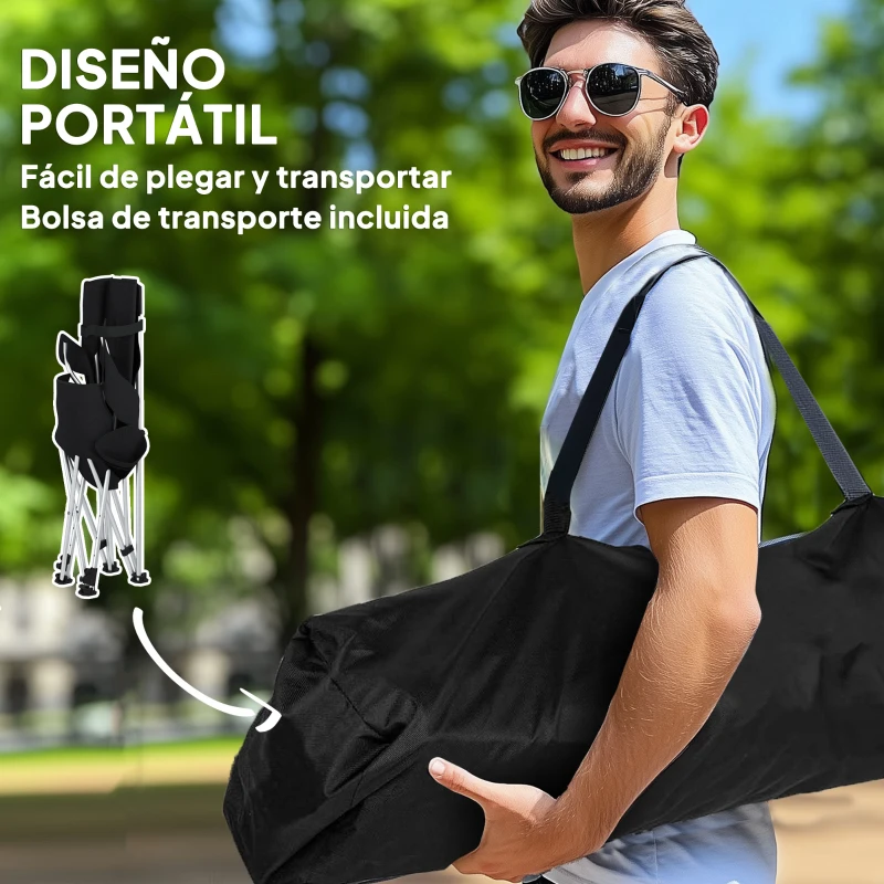 Outsunny Conjunto de 2 Sillas Plegables Camping con Reposapiés Desmontable Reposacabezas Portavasos y Bolsa 82x50/100x88 cm Negro