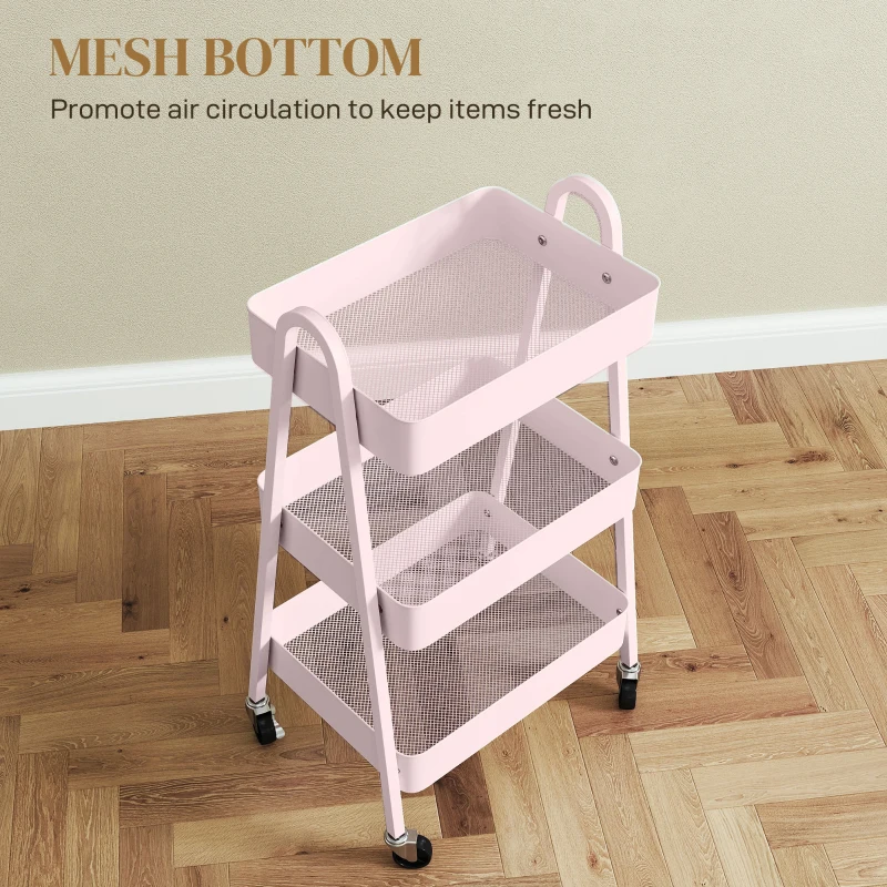 HOMCOM Three-Tier Storage Trolley - Pink