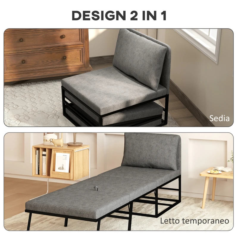 HOMCOM Poltrona Letto con Cuscino e Copertura Protettiva, in Tessuto Effetto Lino e Metallo, 66x70x74 cm, Grigio