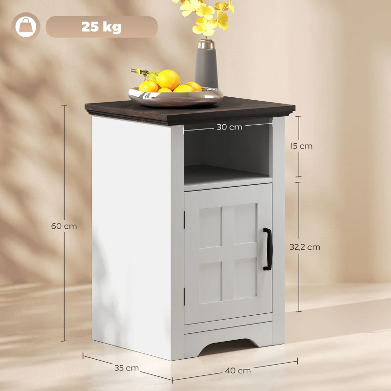 HOMCOM Mesitas de Noche Rústicas Mesas Auxiliares con Puerta Estilo Granero y Estante 40x35x60 cm Blanco y Marrón