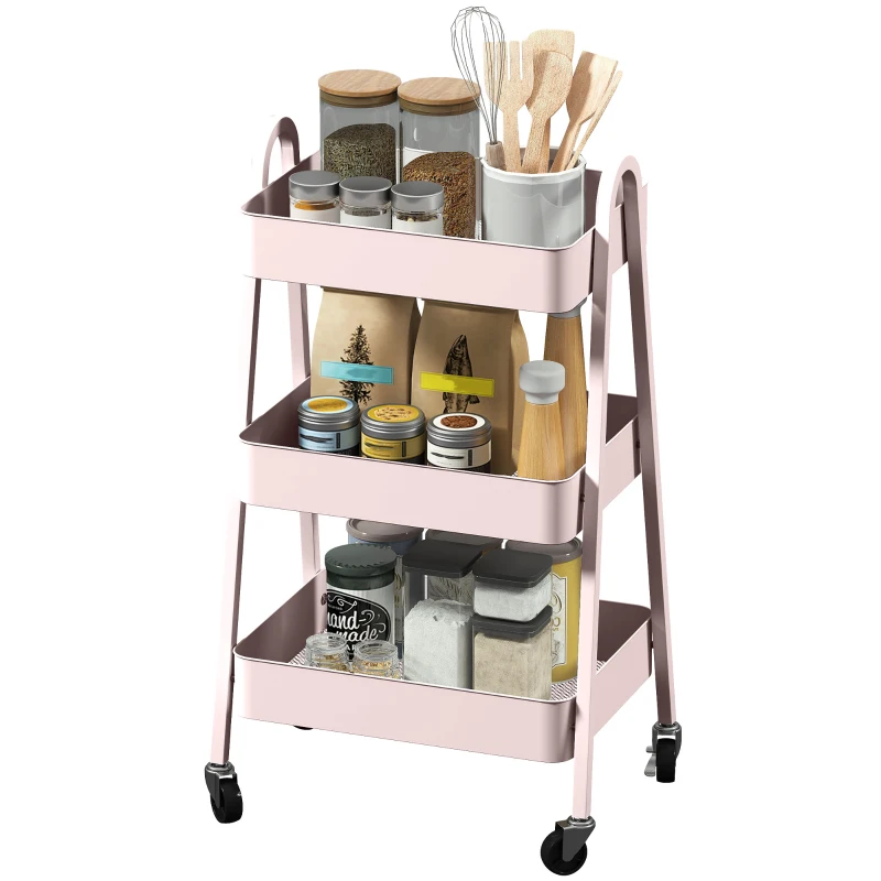 HOMCOM Three-Tier Storage Trolley - Pink