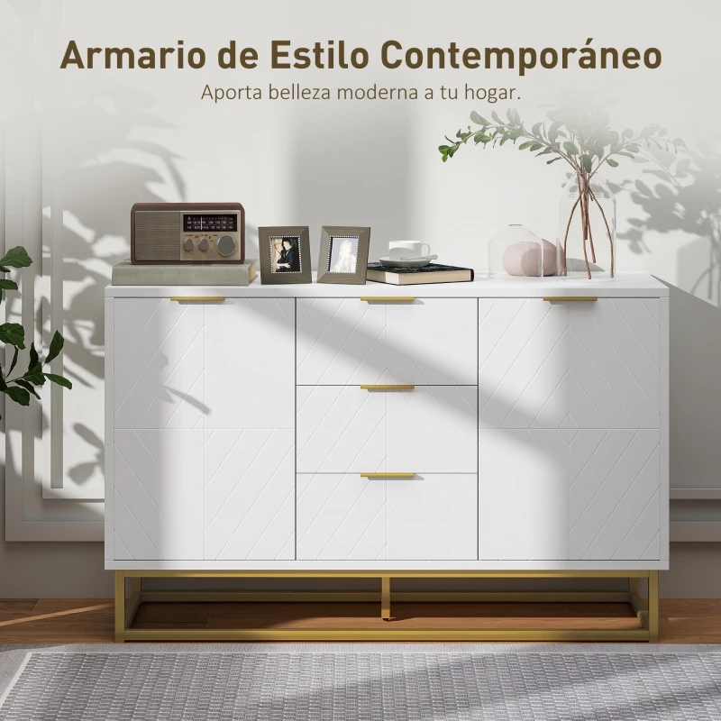 HOMCOM Aparador Moderno Aparador para Salón con 3 Cajones 2 Puertas y Estante Ajustable Mueble Auxiliar para Salón Cocina Antivuelco 120x40x76 cm Blanco