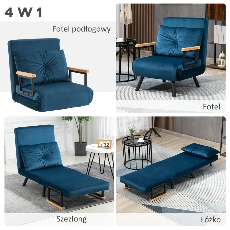 HOMCOM Fotel relaksacyjny Fotel do spania Aksamitny fotel, funkcja leżanki, efekt aksamitu, 63 cm x 73 cm x 81 cm, Niebieski