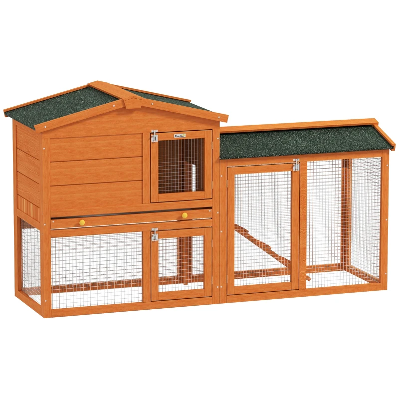 PawHut Two-Tier Rabbit Hutch with Run, Ramp, Slide-Out Tray, for Garden - Yellow