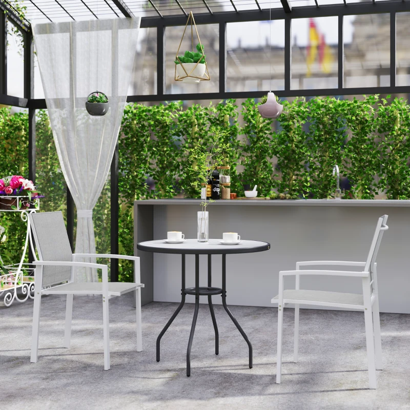 Outsunny Conjunto de 2 Cadeiras de Jardim Empilháveis com Tecido Transpirável e Estrutura em Aço 56x58x89 cm Branco e Cinzento