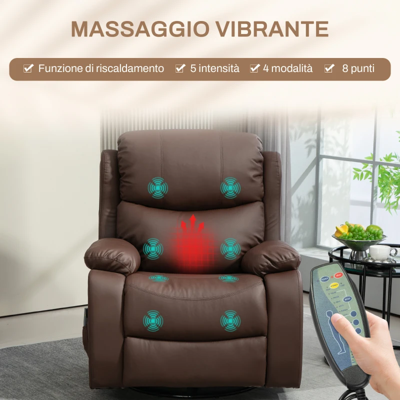 HOMCOM Poltrona Relax Reclinabile con 8 Punti Massaggianti, Riscaldanti e Poggiapiedi, 97x92X104 cm, Marrone
