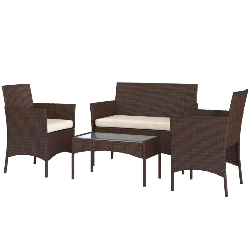 Outsunny Conjunto de Jardim em Vime com Almofadas Móveis de Exterior com 2 Poltronas Sofá de 2 Lugares Mesa com Vidro Marrom e Bege