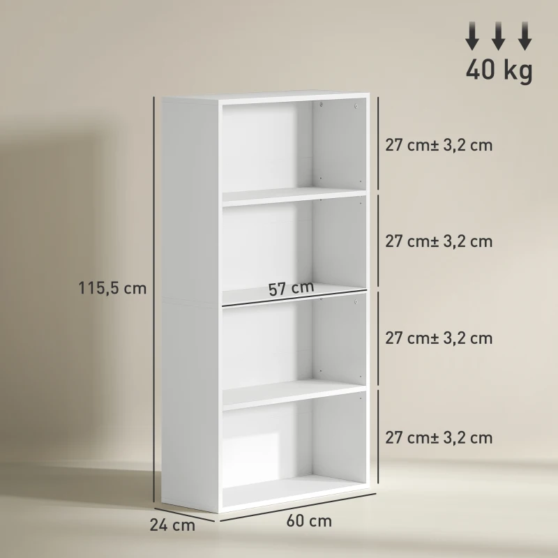 HOMCOM Estante de 4 Níveis Estante para Livros com 2 Prateleiras Ajustáveis para Sala de Estar Escritório Quarto 60x24x115,5 cm Branco