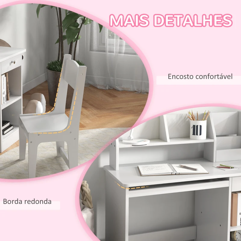 ZONEKIZ Conjunto de Secretária e Cadeira para Crianças com 2 Gavetas e Compartimento para Dormitório Sala de Estudo Branco