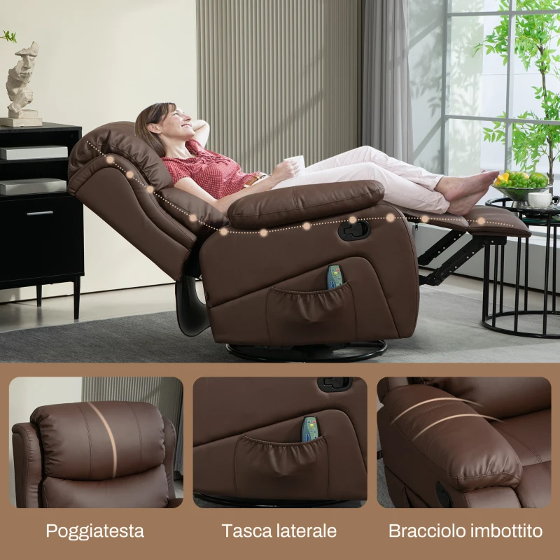 HOMCOM Poltrona Relax Reclinabile con 8 Punti Massaggianti, Riscaldanti e Poggiapiedi, 97x92X104 cm, Marrone