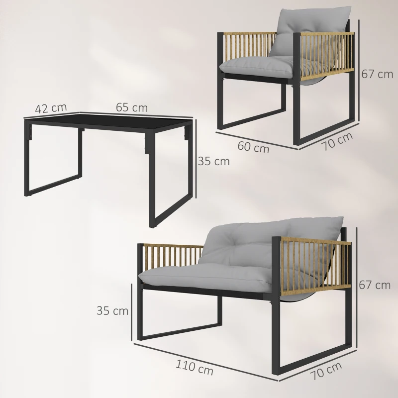 Outsunny Conjunto de Jardim de Vime Sintético de 4 Peças  Inclui Sofá de 2 Lugares 2 Poltronas 1 Mesa de Centro  Cinza e Madeira