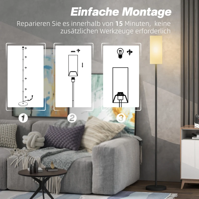 HOMCOM Lampa podłogowa, abażur w optyce lnu, metalowy słup, przełącznik nożny, Biały