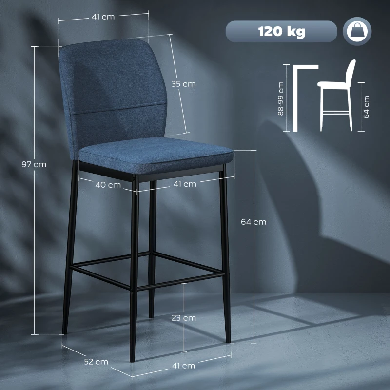 HOMCOM Conjunto de 2 Bancos de Bar Bancos Altos de Cozinha com Encosto e Apoio para os Pés Estofados em Veludo 41x52x97 cm Azul