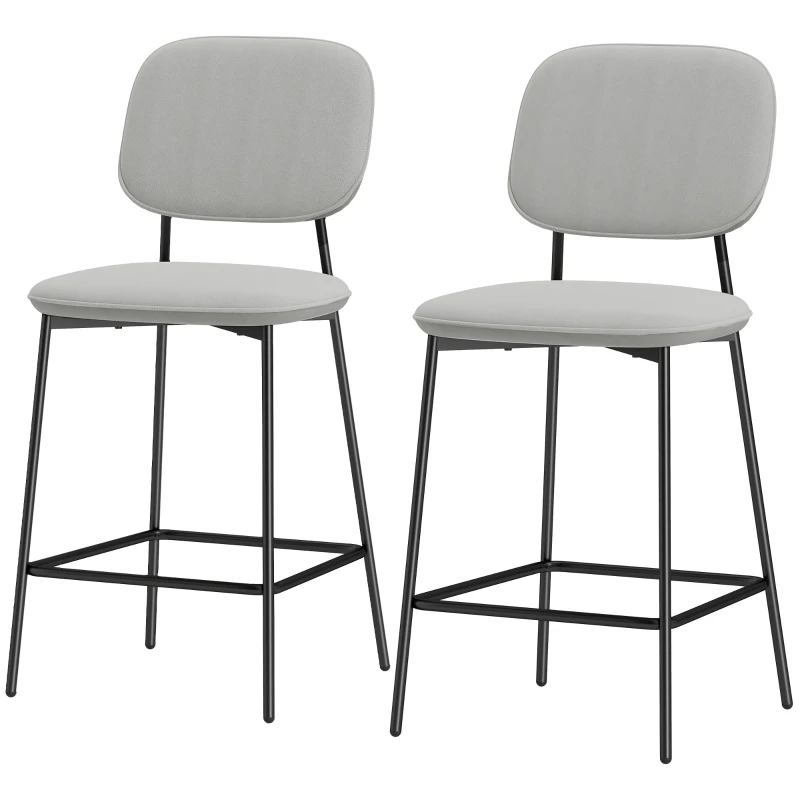 HOMCOM Conjunto de 2 Bancos de Bar Bancos Altos de Cozinha com Apoio para os Pés Estofados em Veludo 45x49x102 cm Cinza Claro