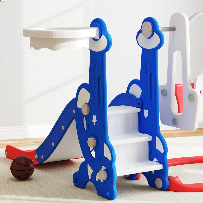 AIYAPLAY Escorrega Infantil 4 em 1 Parque Infantil com Baloiço e Escorrega Escalador Cesto de Basquetebol Temática de Foguete 147,5x160x107 cm  Multicor