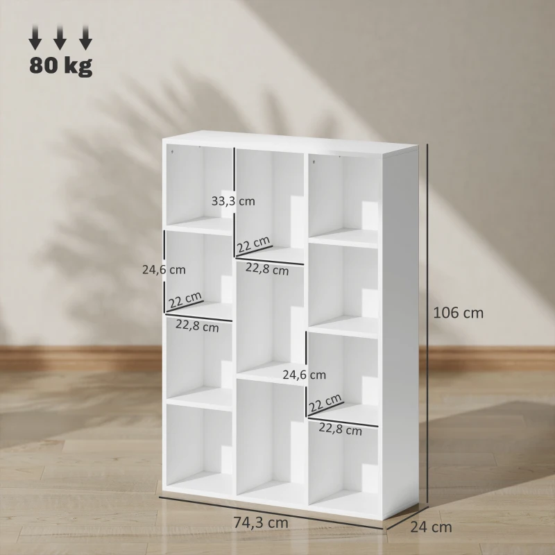 HOMCOM Estante de 3 Níveis Estante para Livros com 11 Compartimentos Desenho Vertical ou Horizontal 74,3x24x106 cm Branco