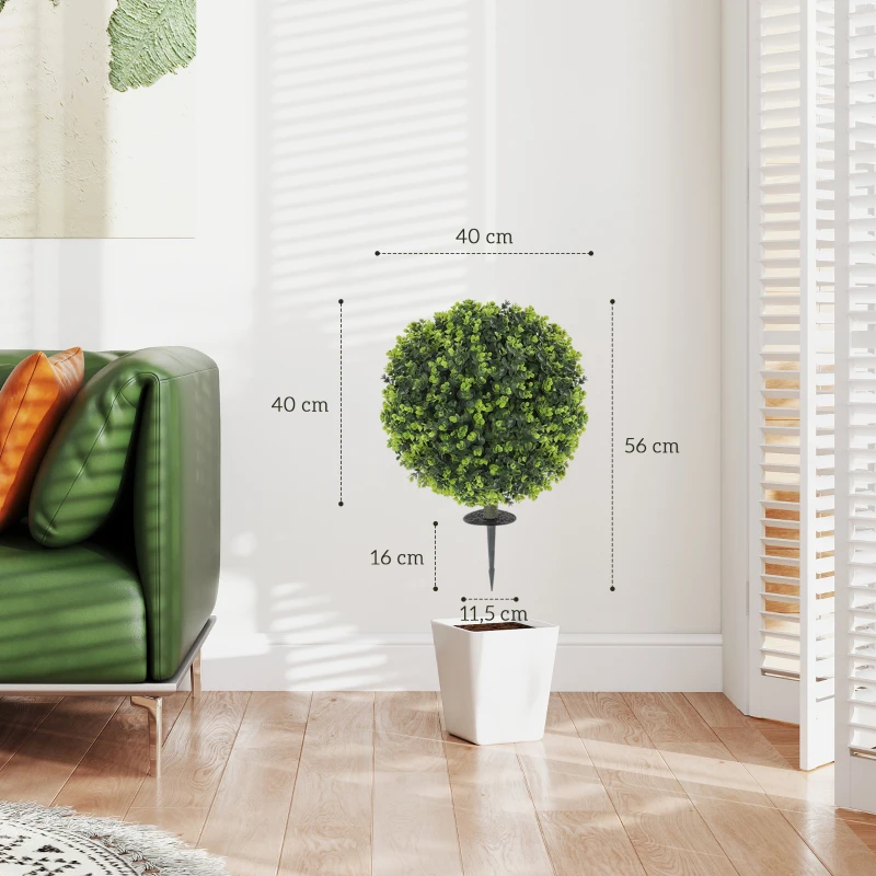 HOMCOM Set van 2 Kunstplanten, Kunstmatige Buxusbollen met Grondspies, voor Binnen en Buiten, UV-bestendig, Groen(m-3)