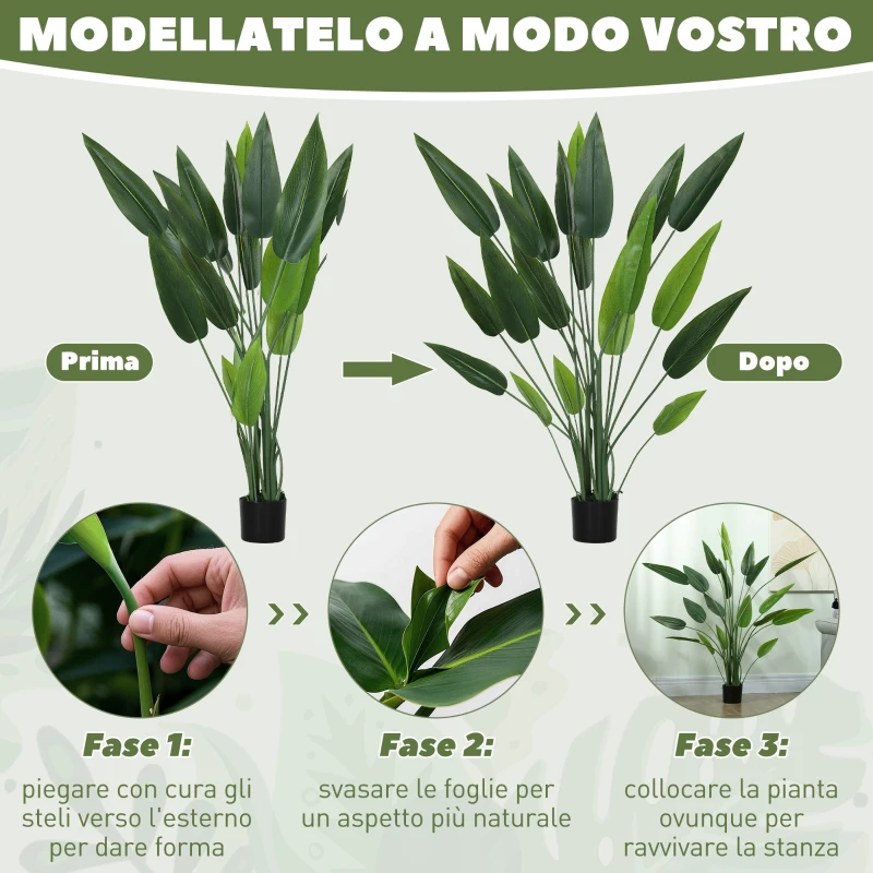 HOMCOM Pianta Artificiale Verde di Uccello del Paradiso da 20 Foglie di 140 cm con Vaso, in PE, PEVA e PP