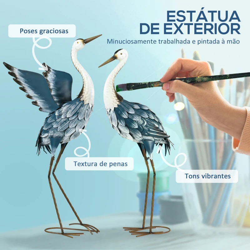 Outsunny Conjunto de 2 Peças Estátuas de Jardim de Cegonha em Aço Esculturas para Exteriores Decoração de Relvado Patio 26x15x74 cm Azul