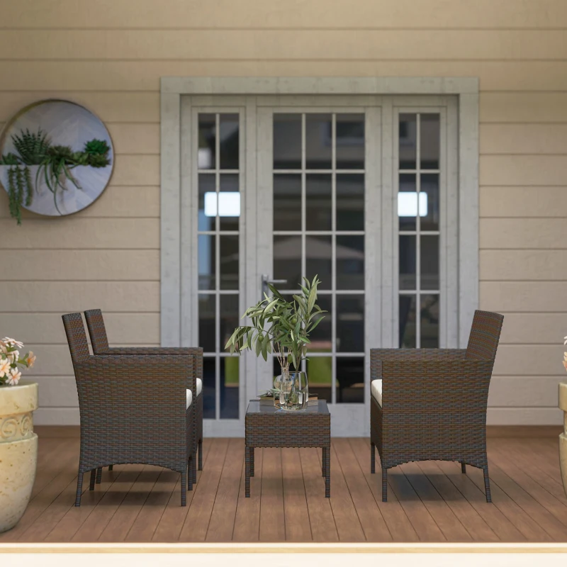 Outsunny Conjunto de Jardim em Vime com Almofadas Móveis de Exterior com 2 Poltronas Sofá de 2 Lugares Mesa com Vidro Marrom e Bege