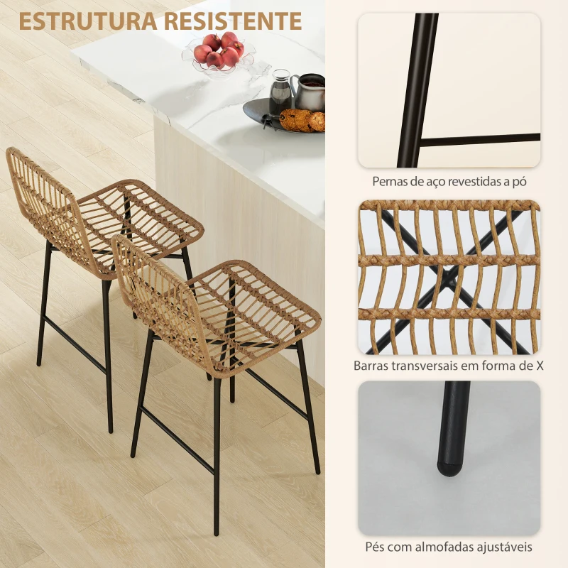 HOMCOM Conjunto de 2 Bancos Altos de Cozinha Bancos de Bar com Encosto e Assento em Vime Sintético 43x56x101 cm Marrom Claro