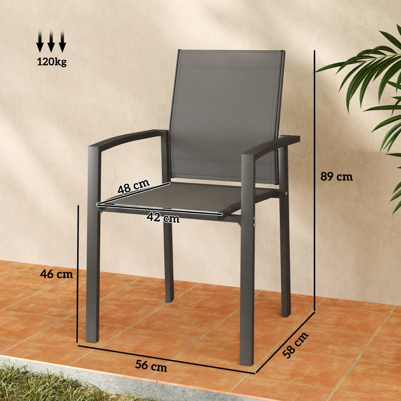 Outsunny Conjunto de 2 Cadeiras de Jardim Empilháveis com Tecido Transpirável e Estrutura em Aço 56x58x89 cm Cinzento Escuro