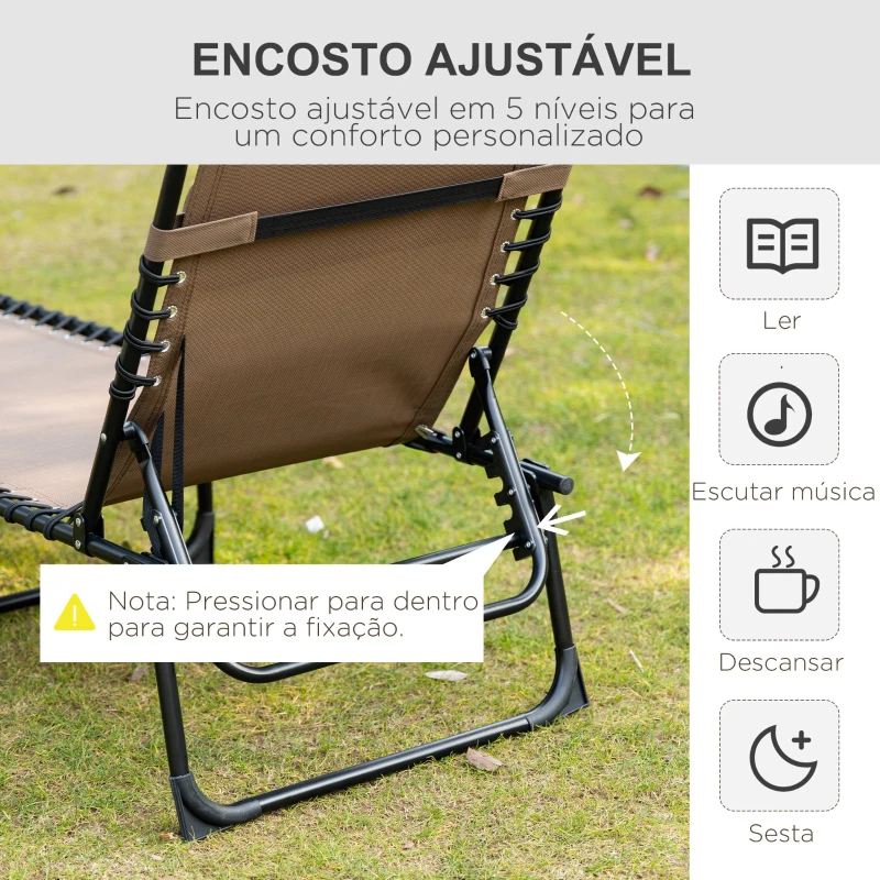 Outsunny Espreguiçadeira Dobrável de Jardim com Encosto Ajustável Apoio para Cabeça Acolchoado Bolso Lateral 185x58x30 cm Marrom