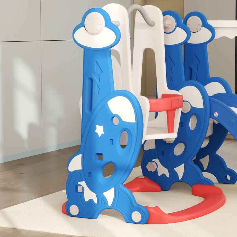 AIYAPLAY Escorrega Infantil 4 em 1 Parque Infantil com Baloiço e Escorrega Escalador Cesto de Basquetebol Temática de Foguete 147,5x160x107 cm  Multicor