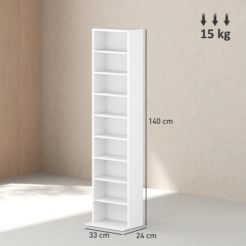 HOMCOM Estante para CDs e DVDs Suportes para CD Estreitos com 9 Compartimentos Prateleiras Ajustáveis 33x24x140 cm Branco