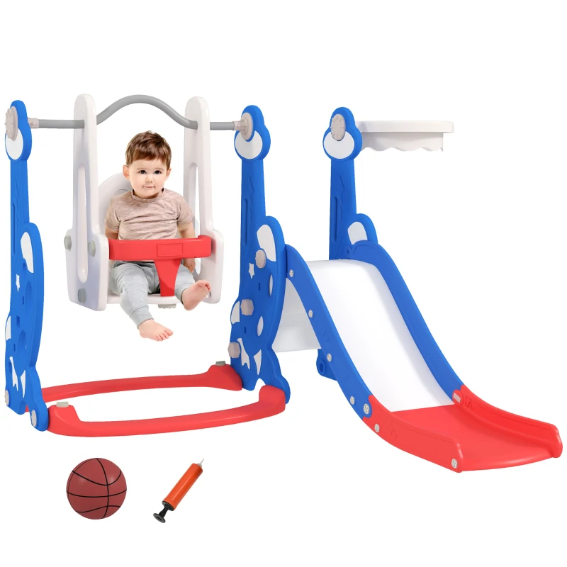AIYAPLAY Escorrega Infantil 4 em 1 Parque Infantil com Baloiço e Escorrega Escalador Cesto de Basquetebol Temática de Foguete 147,5x160x107 cm  Multicor